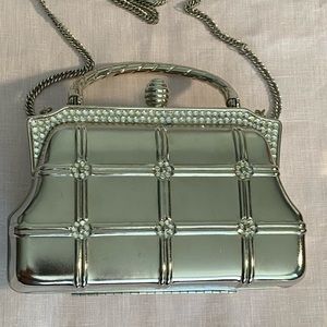 Hard Case Evening Crossbody/Bag W/ Rhinestones. Silver Metallic W/ 2 Options